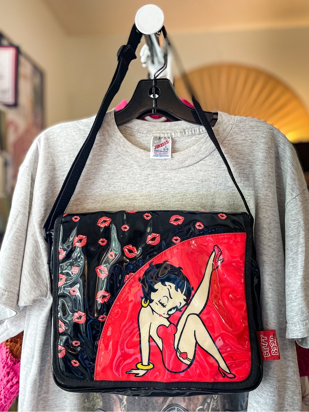 Betty Boop Black & Red Kiss-Print Vinyl Shoulder Bag